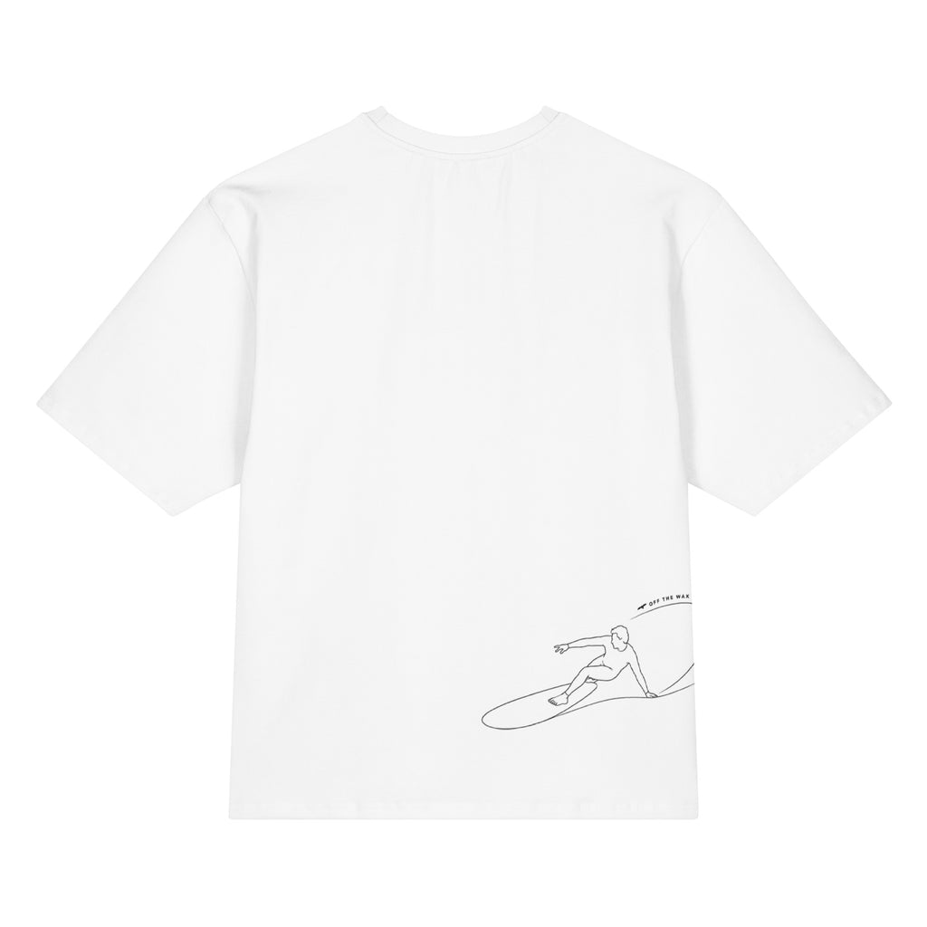 Drop Knee Cutback all-over print oversized tee in white, back view