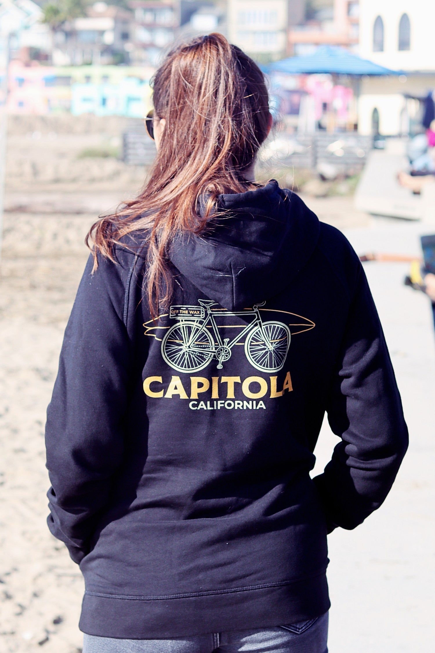 Capitola Bike hoodie, Capitola village behind