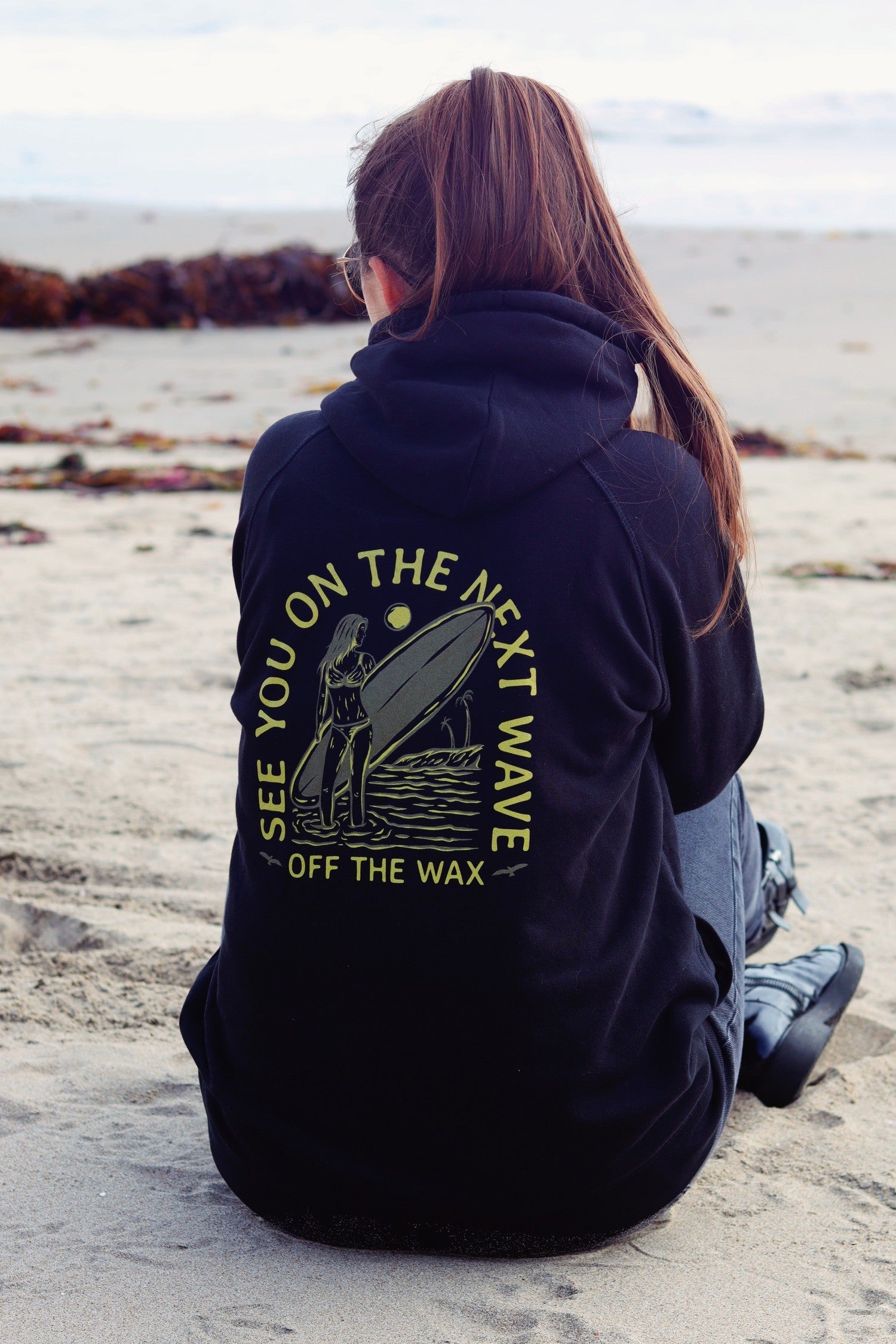 Next Wave hoodie on the sand at Capitola