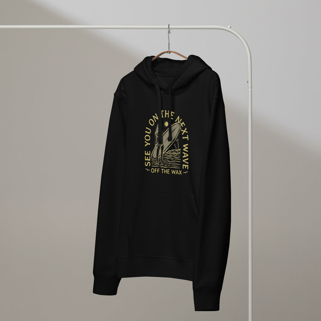 Next Wave Mid-Weight Hoodie in Black on a hanger
