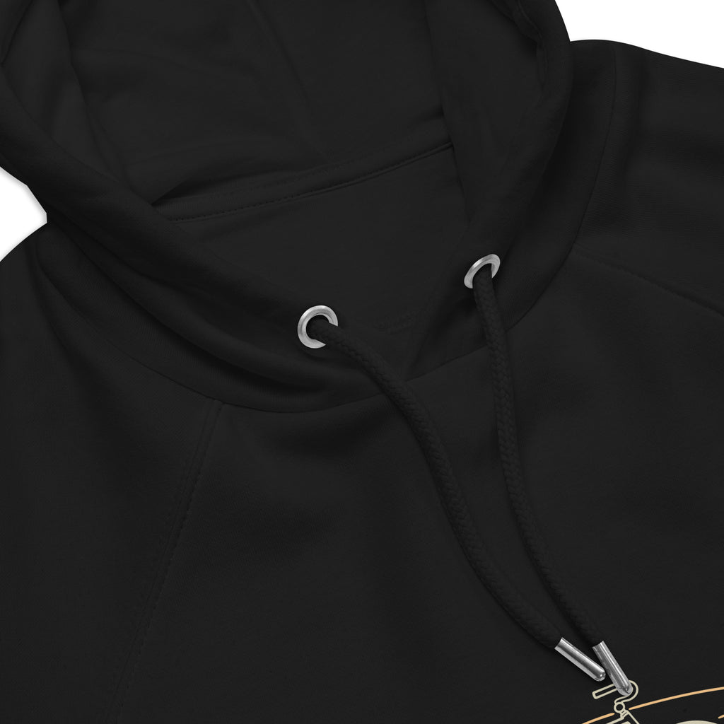 Close up of the hood, eyelets and drawcord on the Capitola Raglan Hoodie in Black