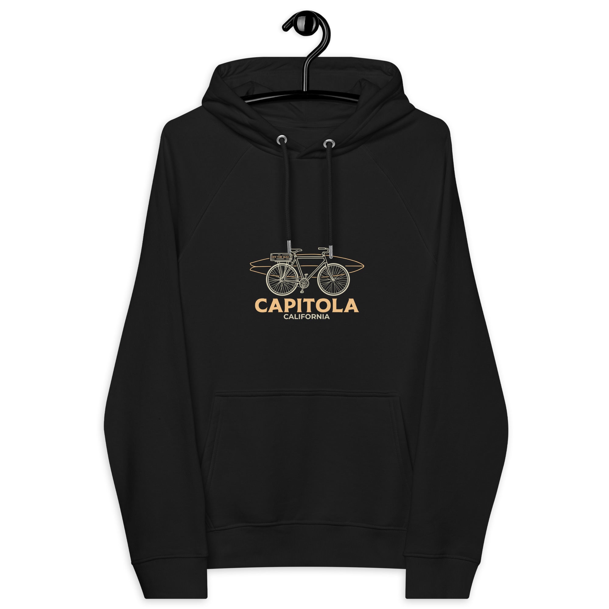 Capitola Raglan Hoodie in Black on a hanger