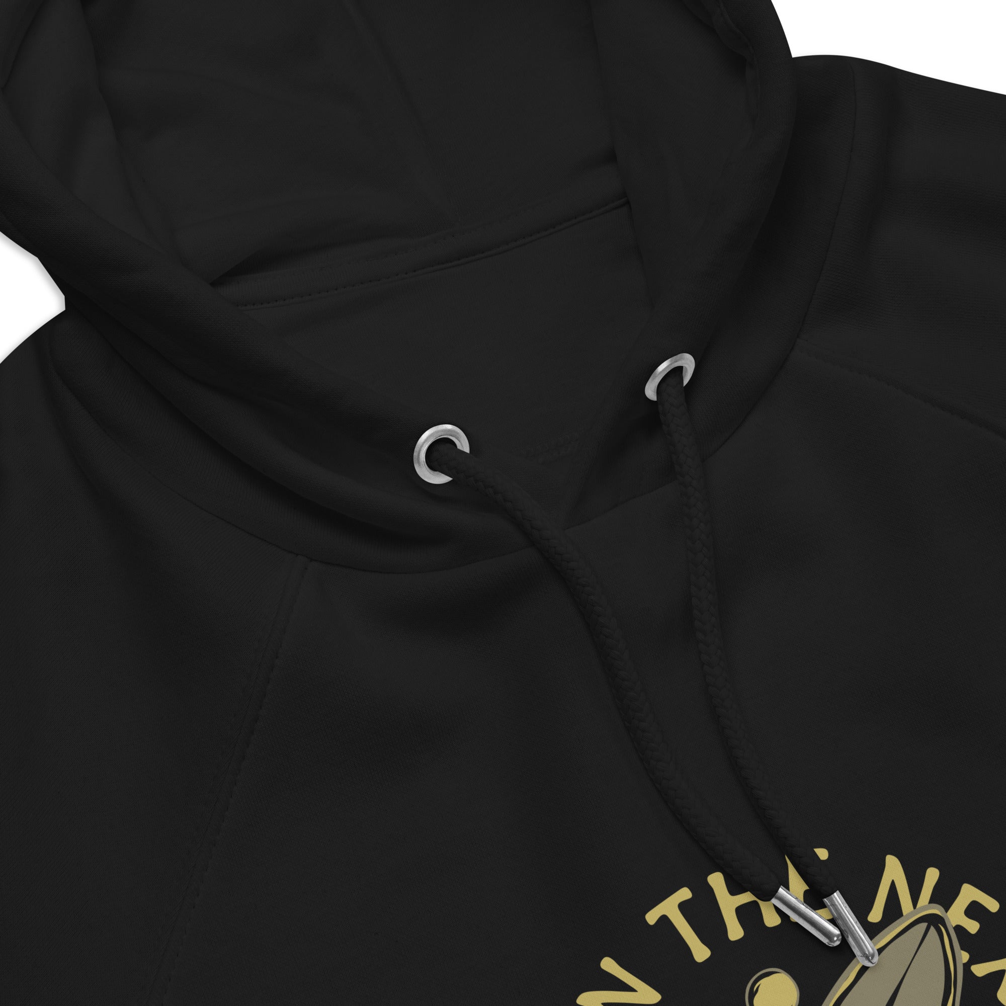 Close up of the hood, eyelets and drawcord on the Next Wave Raglan Hoodie in Black